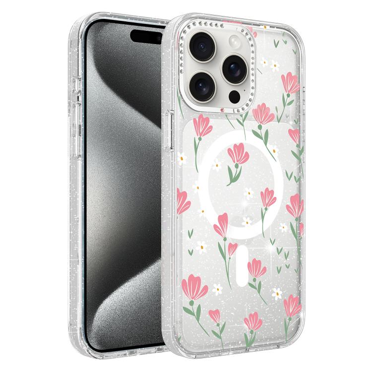 For iPhone 15 Pro Flower Pattern IMD Glitter Magnetic Phone Case