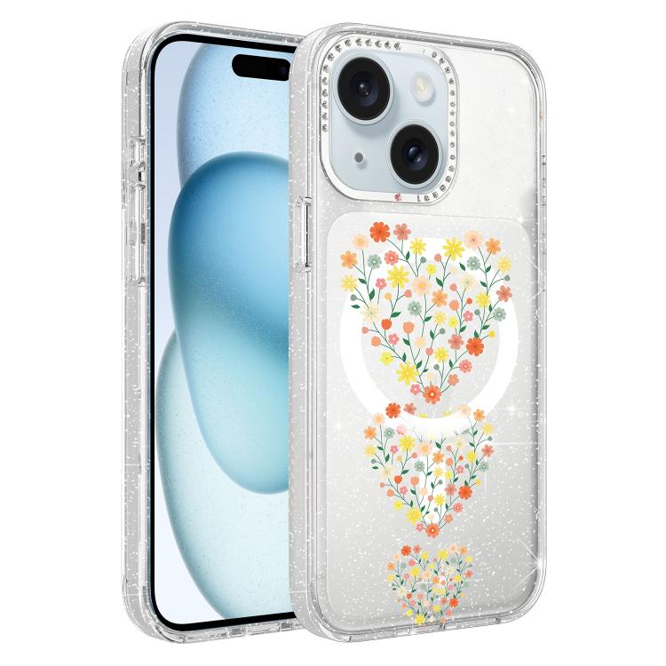 For iPhone 15 Flower Pattern IMD Glitter Magnetic Phone Case