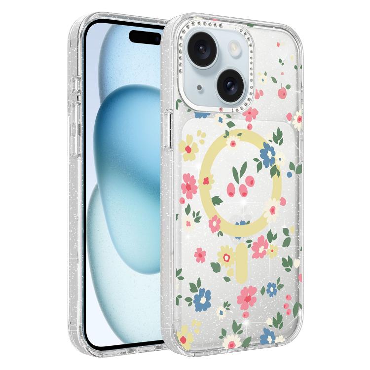 For iPhone 15 Flower Pattern IMD Glitter Magnetic Phone Case