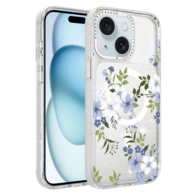 For iPhone 15 Flower Pattern IMD Glitter Magnetic Phone Case