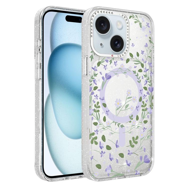 For iPhone 15 Flower Pattern IMD Glitter Magnetic Phone Case