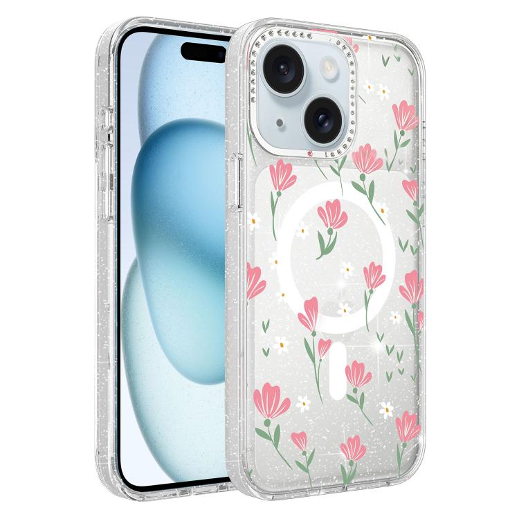For iPhone 15 Flower Pattern IMD Glitter Magnetic Phone Case