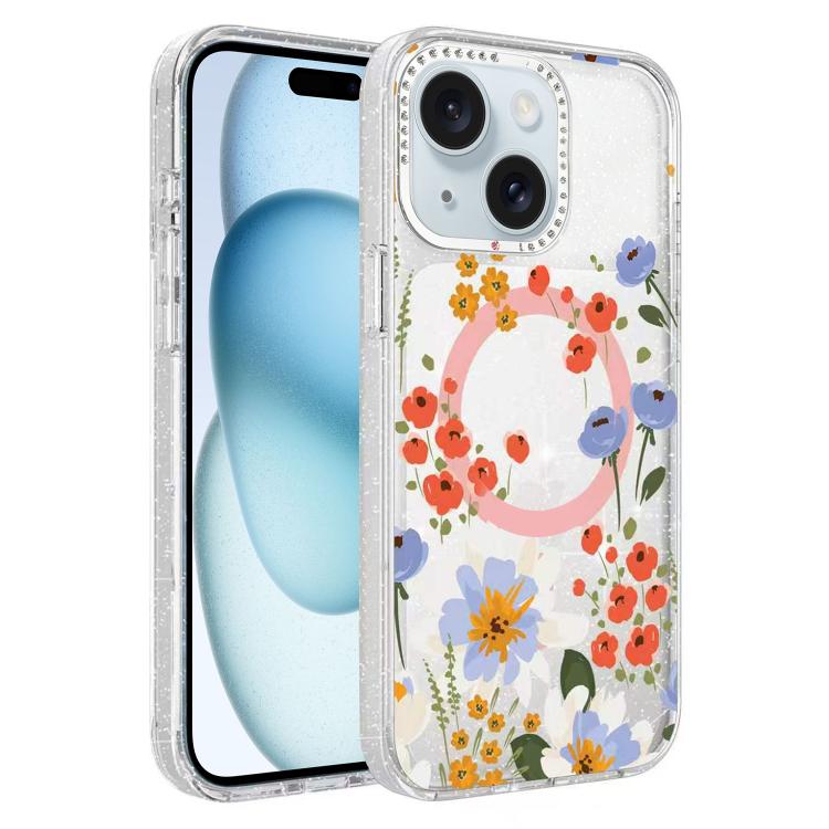 For iPhone 15 Flower Pattern IMD Glitter Magnetic Phone Case