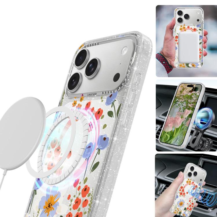 For iPhone 16 Pro Flower Pattern IMD Glitter Magnetic Phone Case