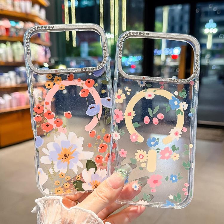 For iPhone 15 Pro Max Flower Pattern IMD Glitter Magnetic Phone Case