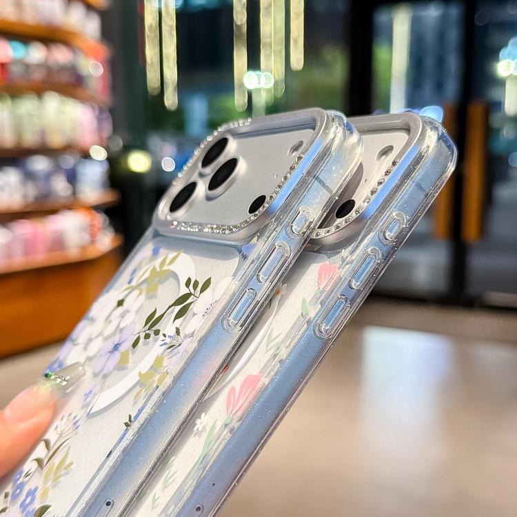 For iPhone 17 Flower Pattern IMD Glitter Magnetic Phone Case