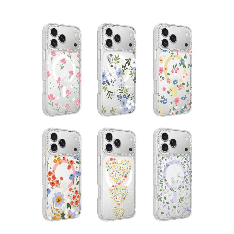 For iPhone 15 Flower Pattern IMD Glitter Magnetic Phone Case