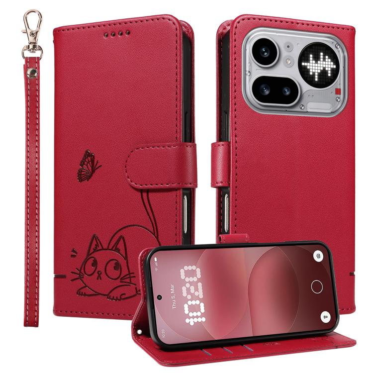 For Nothing Phone 4a Pro Adorable Cat Embossed Pattern Flip Leather Phone Case