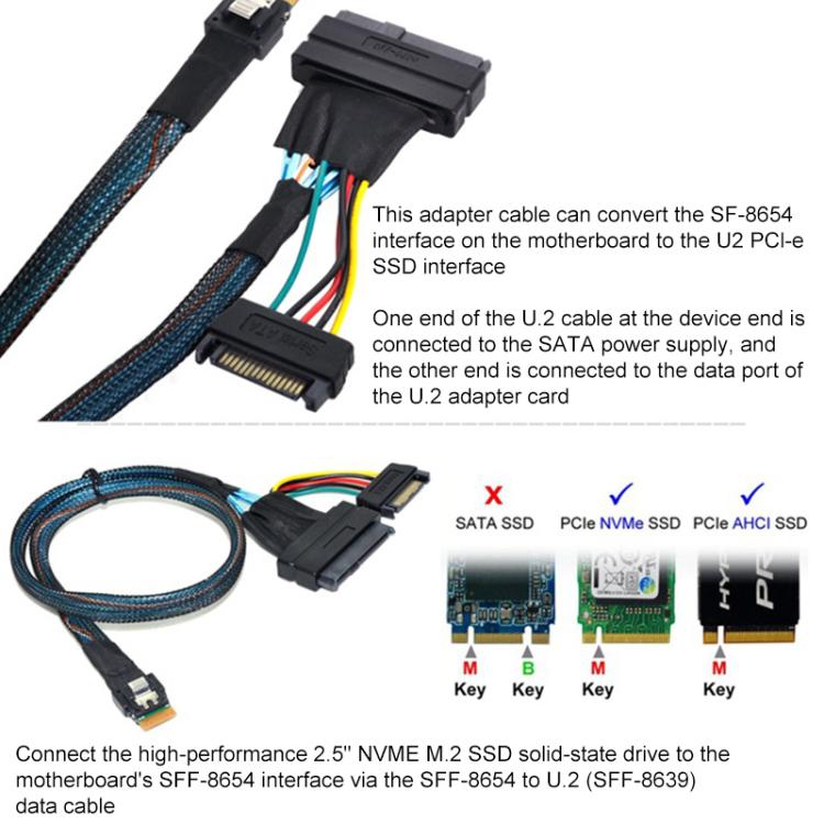 WG195 SFF-8654SlimSAS to SFF8639U.2 Hard Drive Data Transfer Adapter Cable NVMEPCIE4.0, Length:0.7m - Black
