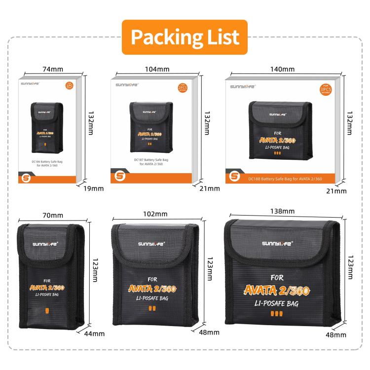 For DJI Avata 2 / 360 Sunnylife Battery Explosion-proof Safe Bag Protective Li-Po Safe Bag, Quantity:For 2pcs Batteries
