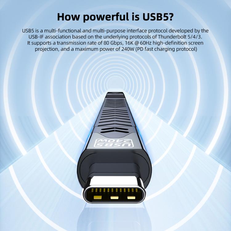 USB5 240W 16K 80Gbps Type-C to Type-C For Thunderbolt 5 Full Function FPC Cable Data Cable - Black