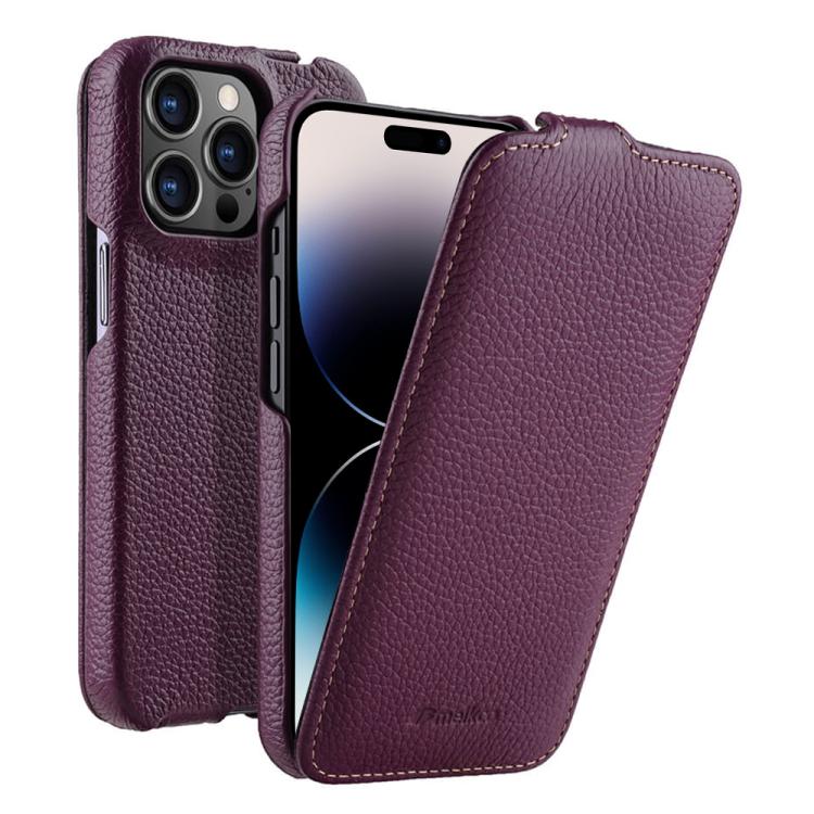 For iPhone 14 Pro melkco Litchi Texture Vertical Flip Magnetic Genuine Leather Phone Case