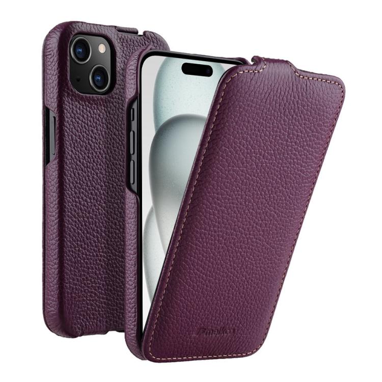 For iPhone 15 melkco Litchi Texture Vertical Flip Magnetic Genuine Leather Phone Case