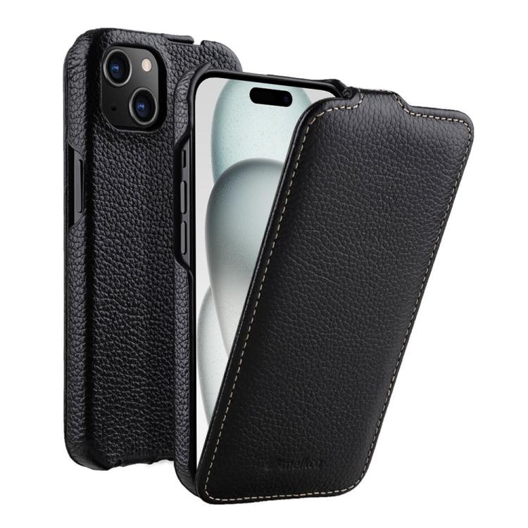 For iPhone 15 melkco Litchi Texture Vertical Flip Magnetic Genuine Leather Phone Case