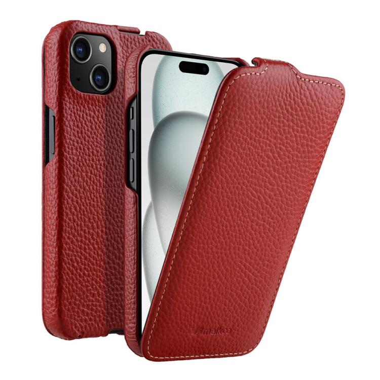 For iPhone 15 melkco Litchi Texture Vertical Flip Magnetic Genuine Leather Phone Case