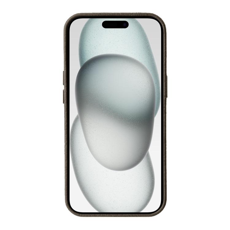 For iPhone 15 melkco Litchi Texture Genuine Leather Phone Case with Metal Lens Frame