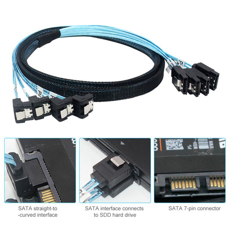 WG174 4 x SATA Straight Head to 4 x SATA Elbow 6Gbps Cable, Length:1m
