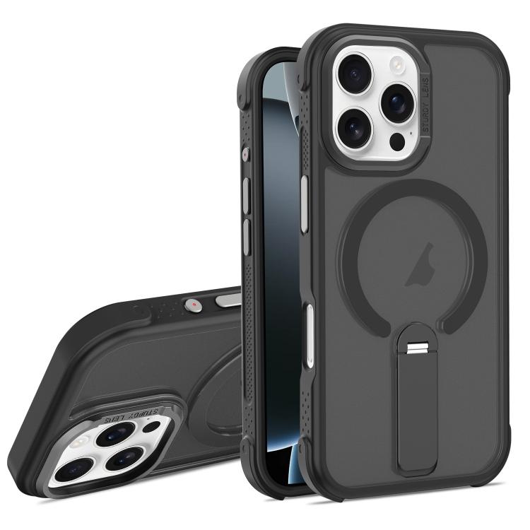 For iPhone 16 Pro Skin Feel PC TPU Hybrid Fold Holder Magnetic Phone Case