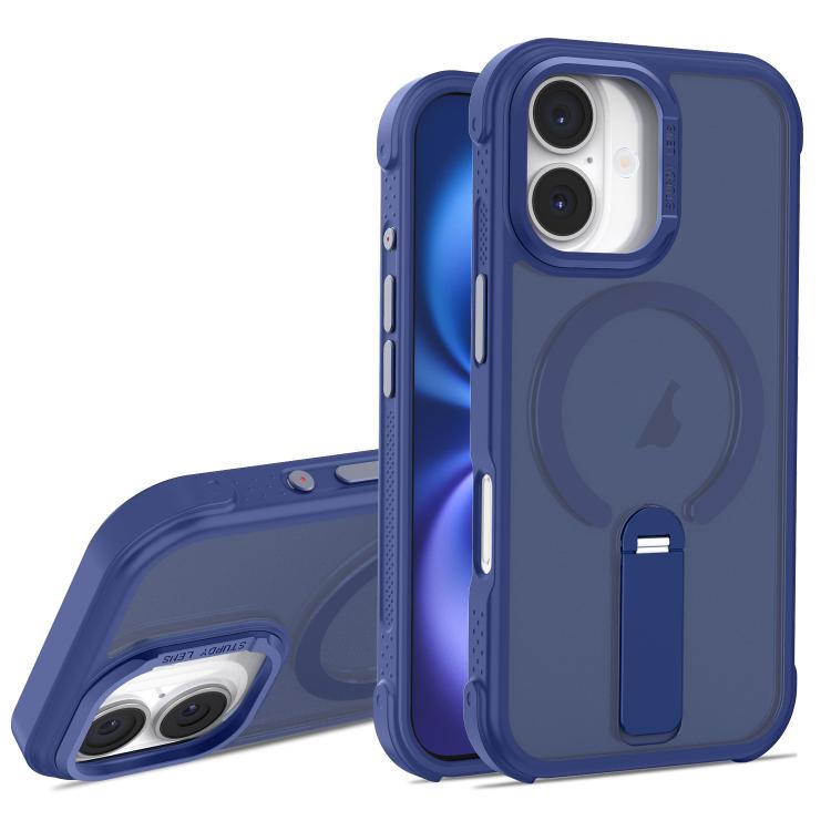 For iPhone 16 Plus Skin Feel PC TPU Hybrid Fold Holder Magnetic Phone Case