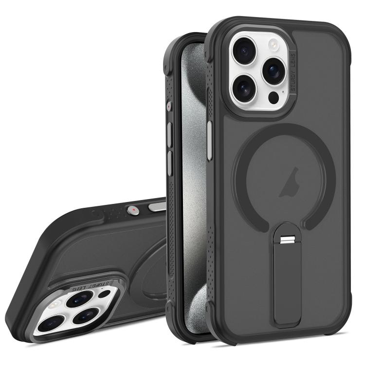 For iPhone 15 Pro Max Skin Feel PC TPU Hybrid Fold Holder Magnetic Phone Case