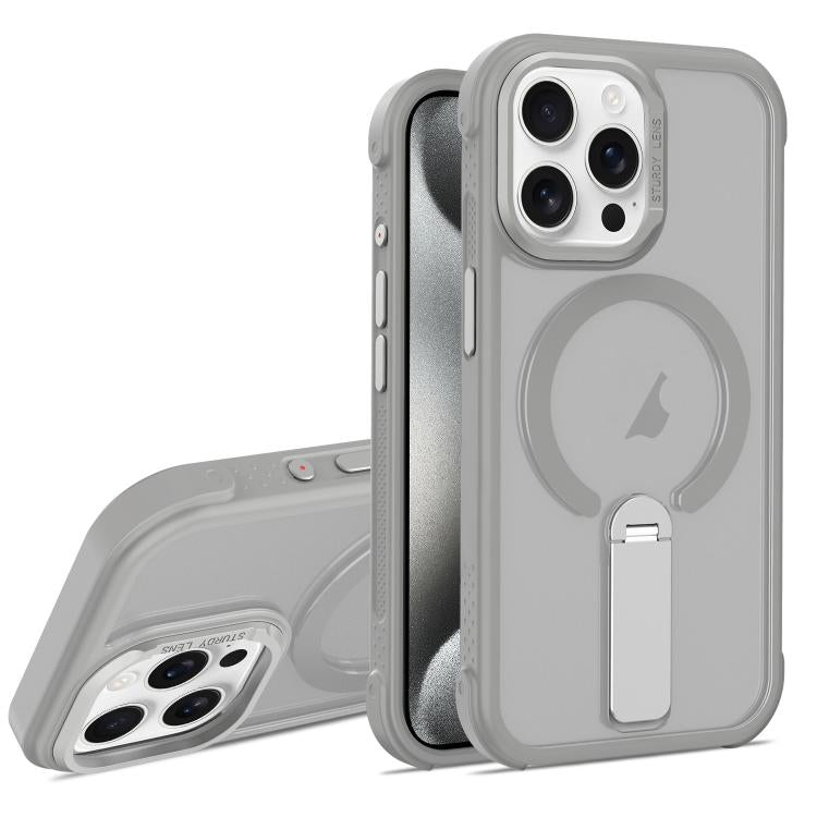 For iPhone 15 Pro Skin Feel PC TPU Hybrid Fold Holder Magnetic Phone Case