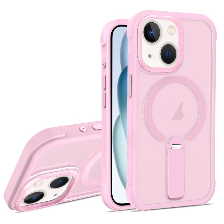 For iPhone 15 Plus Skin Feel PC TPU Hybrid Fold Holder Magnetic Phone Case