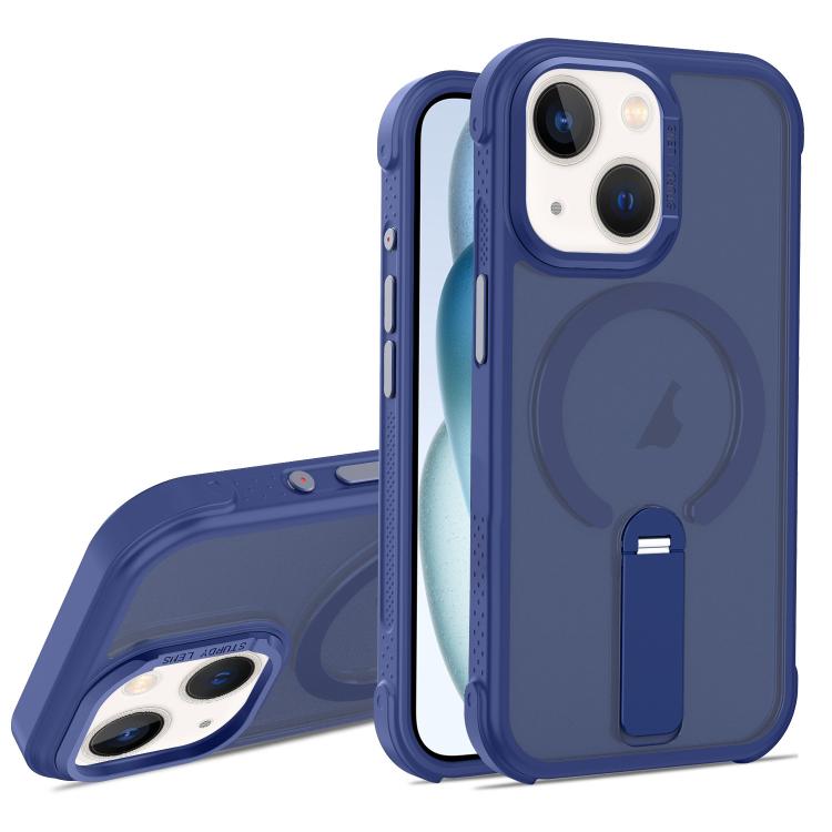 For iPhone 15 Plus Skin Feel PC TPU Hybrid Fold Holder Magnetic Phone Case