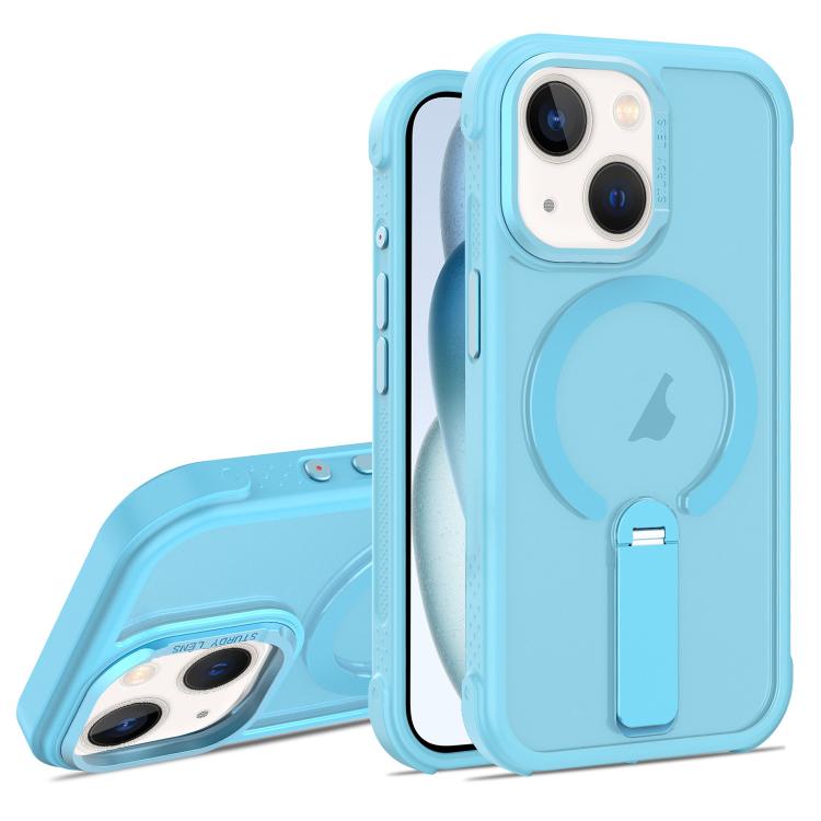 For iPhone 15 Plus Skin Feel PC TPU Hybrid Fold Holder Magnetic Phone Case