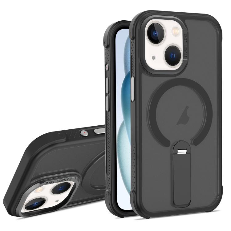 For iPhone 15 Skin Feel PC TPU Hybrid Fold Holder Magnetic Phone Case