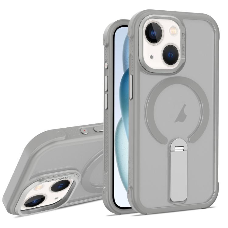 For iPhone 15 Skin Feel PC TPU Hybrid Fold Holder Magnetic Phone Case