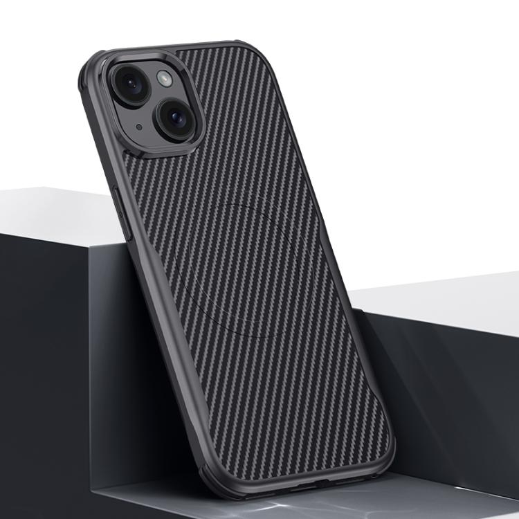 For iPhone 15 Plus Blade-Style Carbon Fiber Texture Magnetic Skin-Feel Phone Case