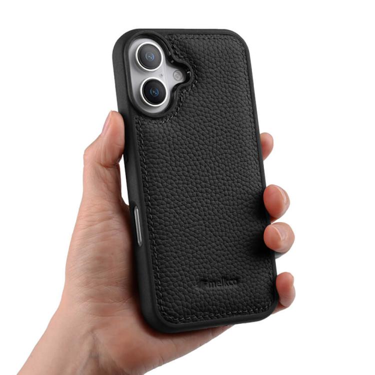 For iPhone 16 melkco Litchi Texture Full Coverage Genuine Leather Hybrid PC Phone Case