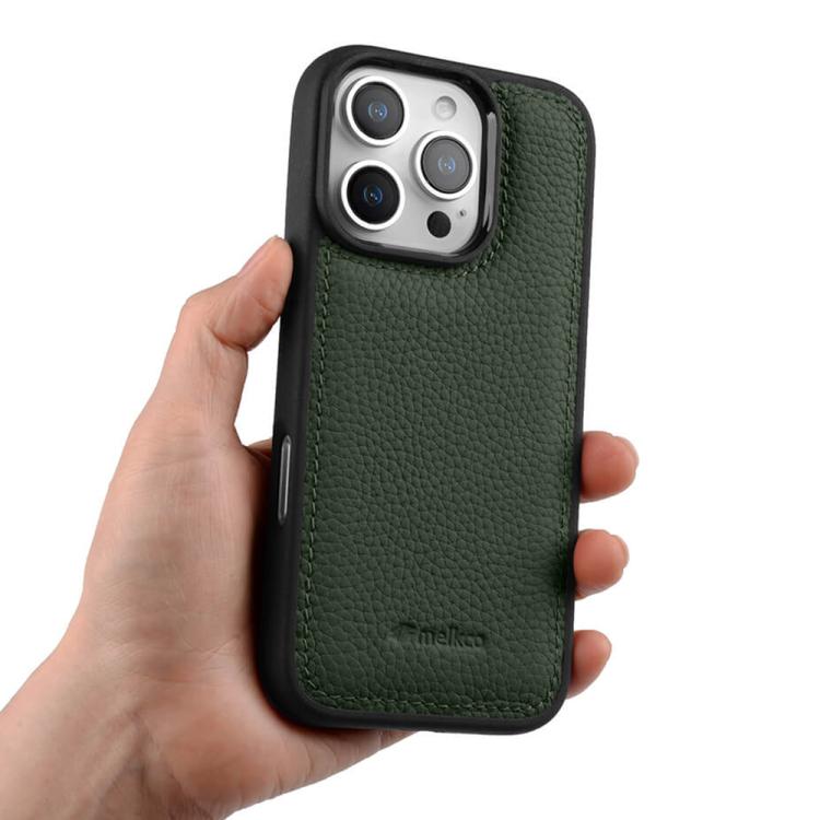 For iPhone 16 Pro melkco Litchi Texture Full Coverage Genuine Leather Hybrid PC Phone Case