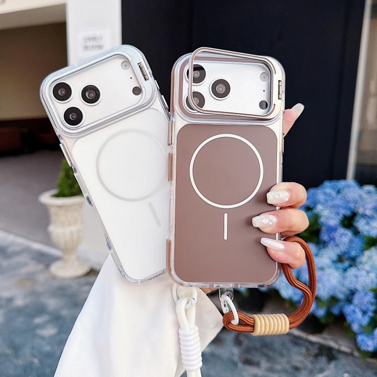 For iPhone 17 Pro Max Vibrant Dual-color Lens Kickstand Magnetic Phone Case with Wrist Strap