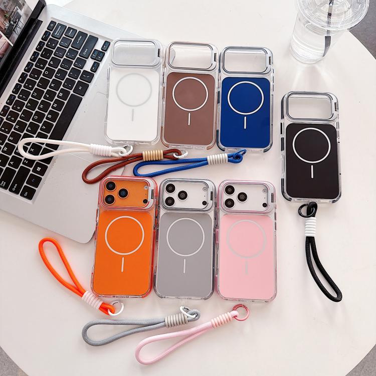 For iPhone 17 Pro Vibrant Dual-color Lens Kickstand Magnetic Phone Case with Wrist Strap