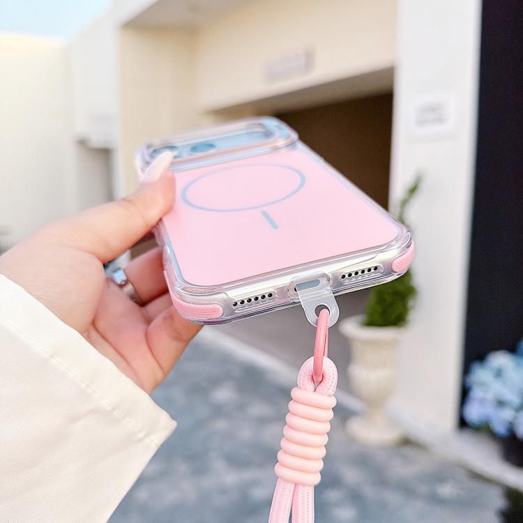 For iPhone 17 Pro Vibrant Dual-color Lens Kickstand Magnetic Phone Case with Wrist Strap