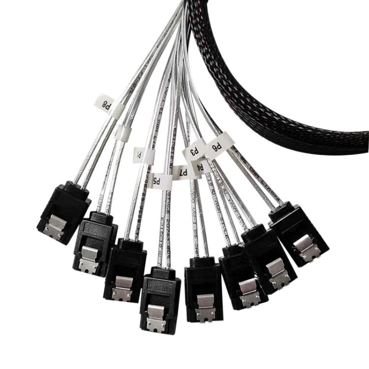 WG192 Slimline SAS4.0 SFF-8654 8i to SATAx8 Server Hard Drive High-Speed ??Adapter Cable, Length:0.5m Elbow - Black