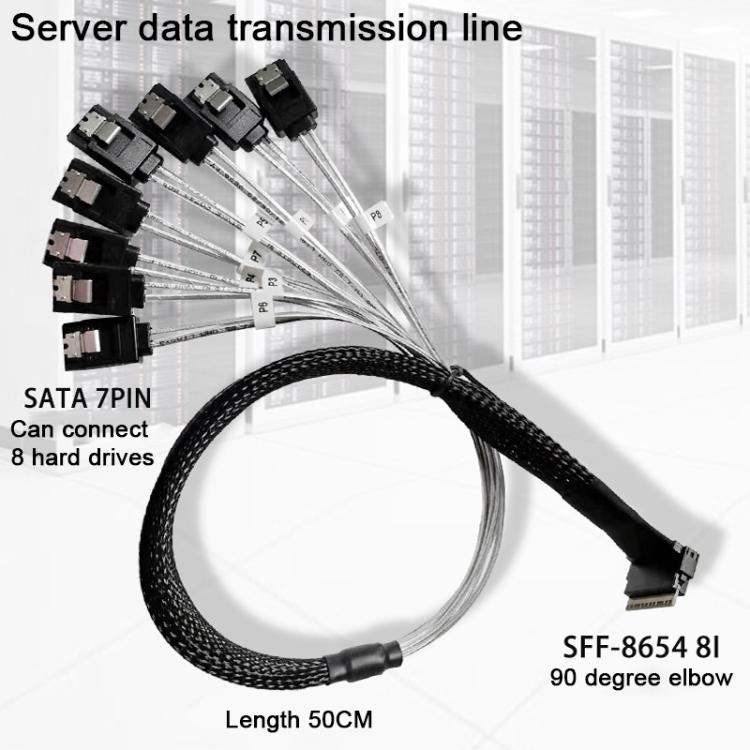 WG192 Slimline SAS4.0 SFF-8654 8i to SATAx8 Server Hard Drive High-Speed ??Adapter Cable, Length:0.5m Elbow - Black