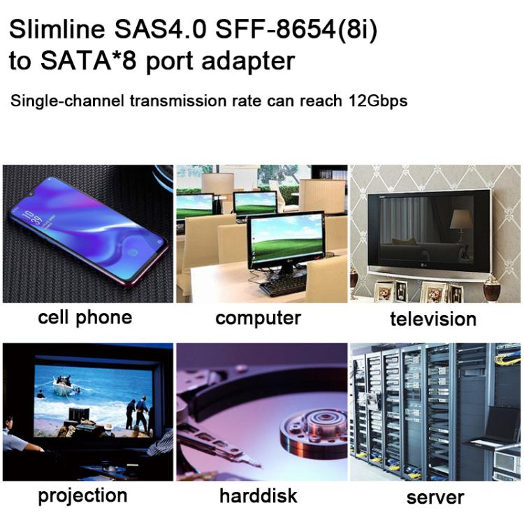 WG192 Slimline SAS4.0 SFF-8654 8i to SATAx8 Server Hard Drive High-Speed ??Adapter Cable, Length:0.5m Elbow - Black
