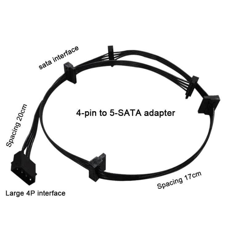 WG194 IDE 4 Pin to 5xSATA 15 Pin 1 to 5 Power Extension Hard Drive Adapter, Length:0.6m - Black