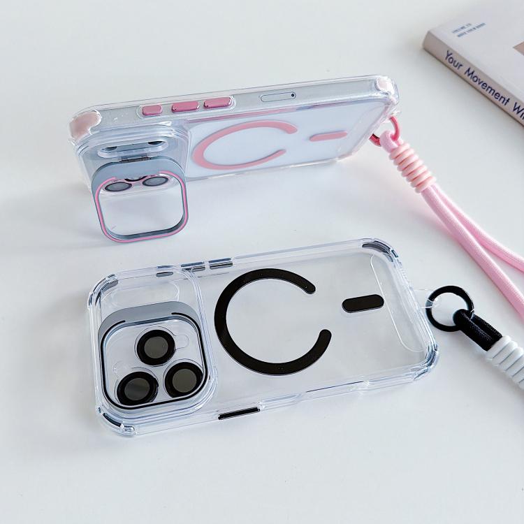 For iPhone 17 Pro Max Transparent Lens Kickstand Magnetic Phone Case with Wrist Strap