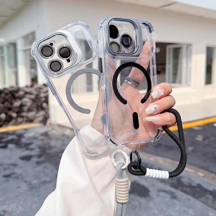 For iPhone 17 Pro Transparent Lens Kickstand Magnetic Phone Case with Wrist Strap