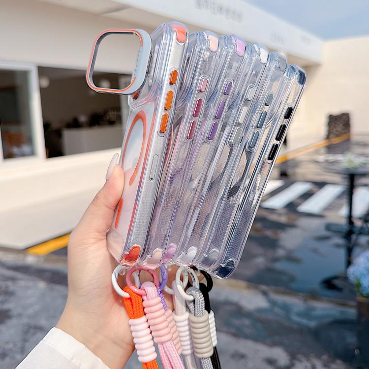 For iPhone 17 Pro Transparent Lens Kickstand Magnetic Phone Case with Wrist Strap