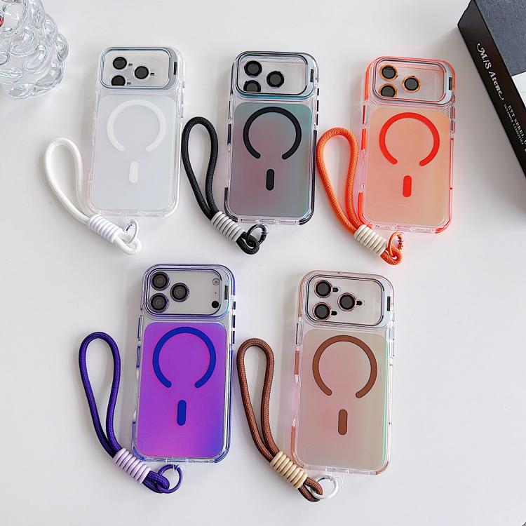 For iPhone 17 Pro Vibrant Chameleon Lens Kickstand Magnetic Phone Case with Wrist Strap