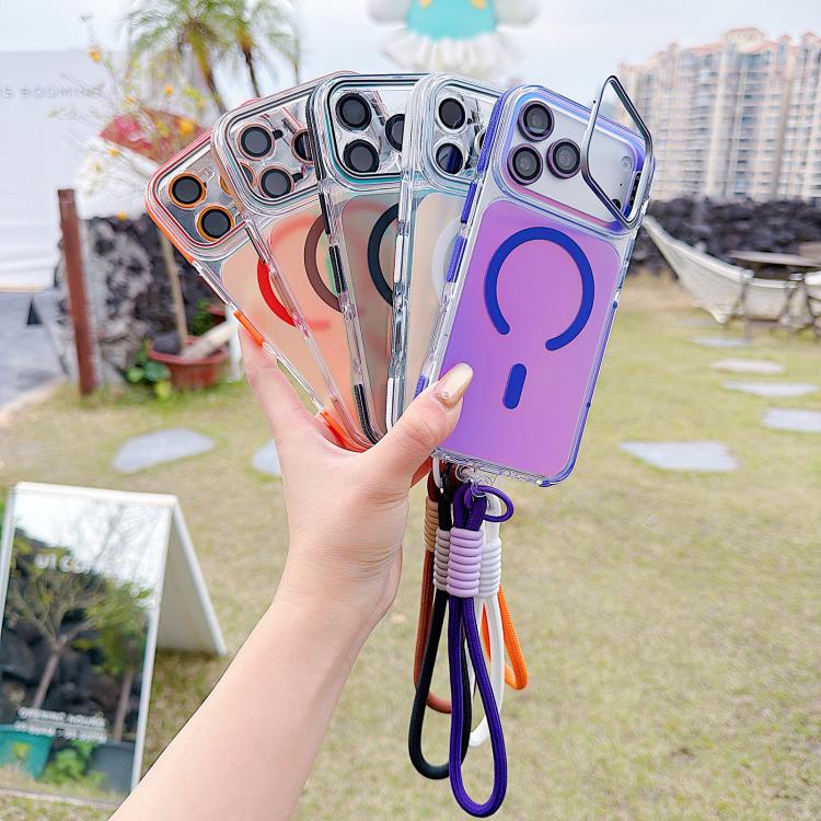 For iPhone 17 Pro Vibrant Chameleon Lens Kickstand Magnetic Phone Case with Wrist Strap