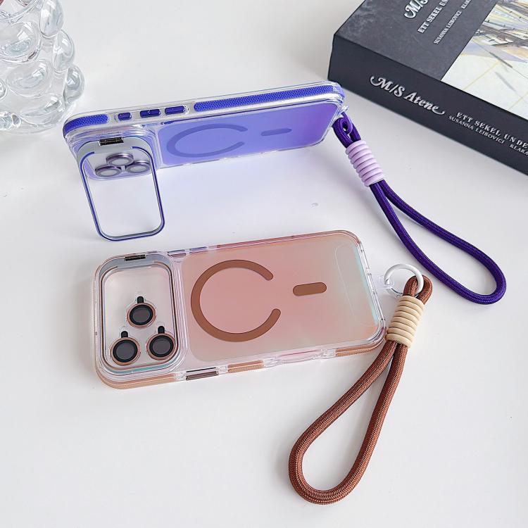 For iPhone 17 Pro Vibrant Chameleon Lens Kickstand Magnetic Phone Case with Wrist Strap
