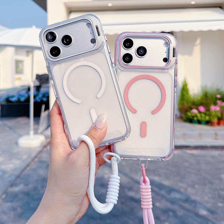 For iPhone 17 Pro Max Vibrant Transparent Lens Kickstand Magnetic Phone Case with Wrist Strap
