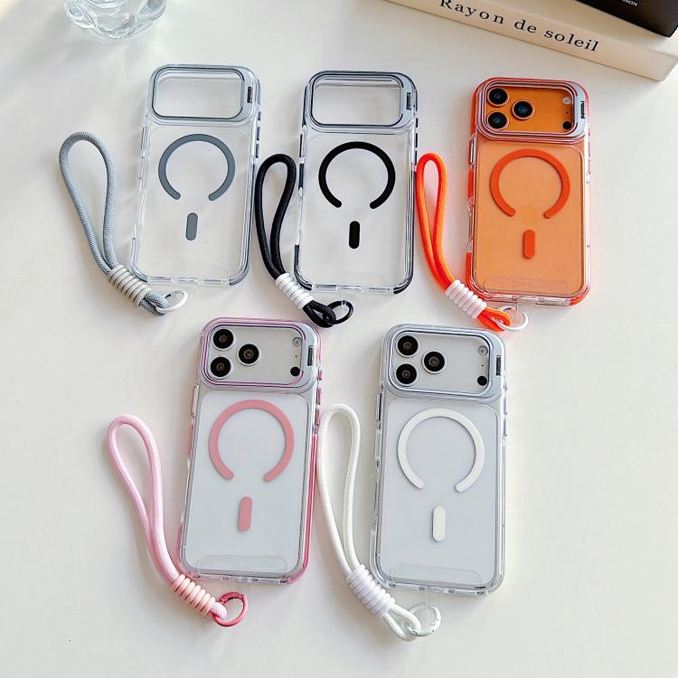 For iPhone 17 Pro Vibrant Transparent Lens Kickstand Magnetic Phone Case with Wrist Strap