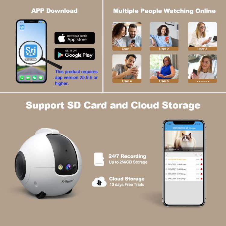 SriHome DH013 Plus 4MP Smart Pet Robot Camera with Auto-Charging Dock, Plug Type:US Plug - White