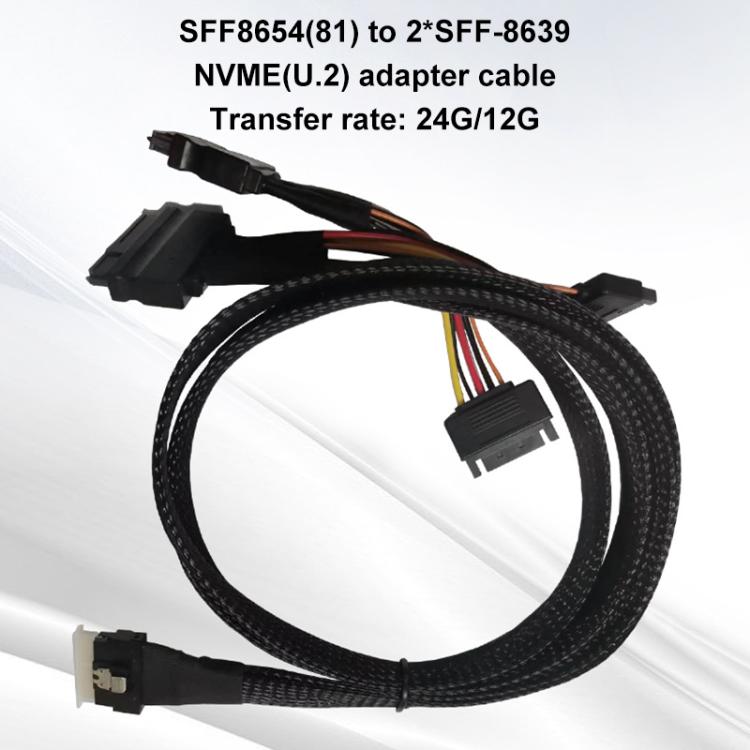 SFF-8654 8i to Dual NVMe U.2 SFF-8639 SSD Adapter Cable, Length:0.8m - Black